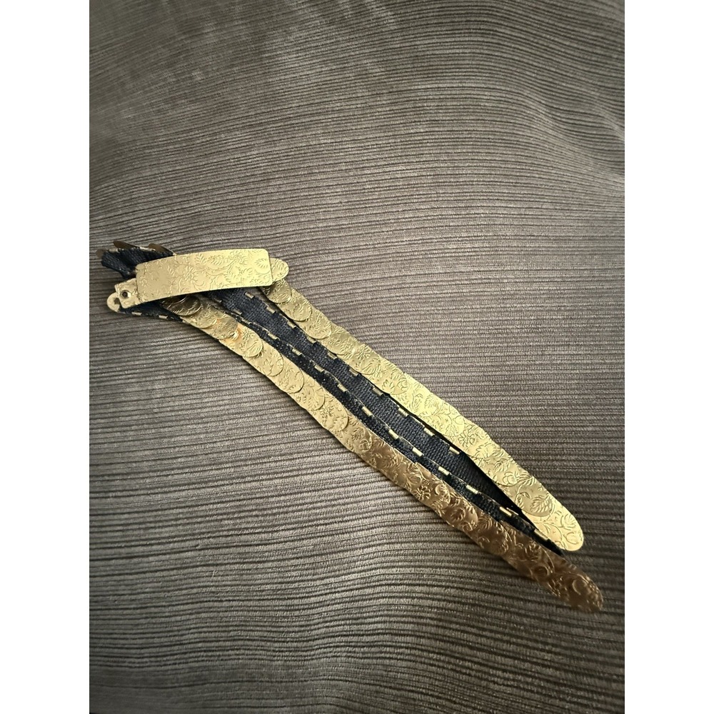 1960's Embossed Gold Metal Coil Belt with Black Elastic Backing. Vintage Large